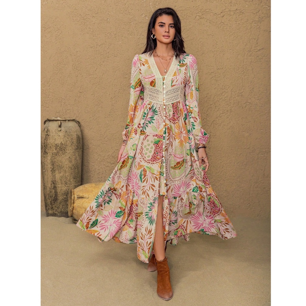 Floral Pink Bohemian Maxi Dress Lace V-Neck Long Sleeve Ruffle Hem Flowy - Picture 2 of 9